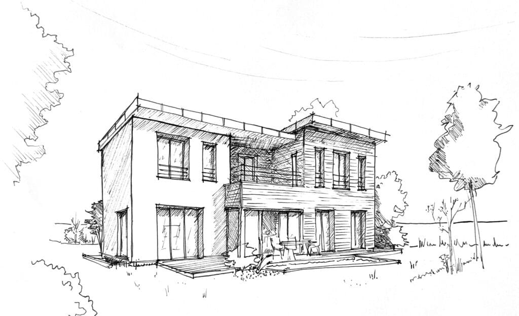 Croquis perspective maison bois